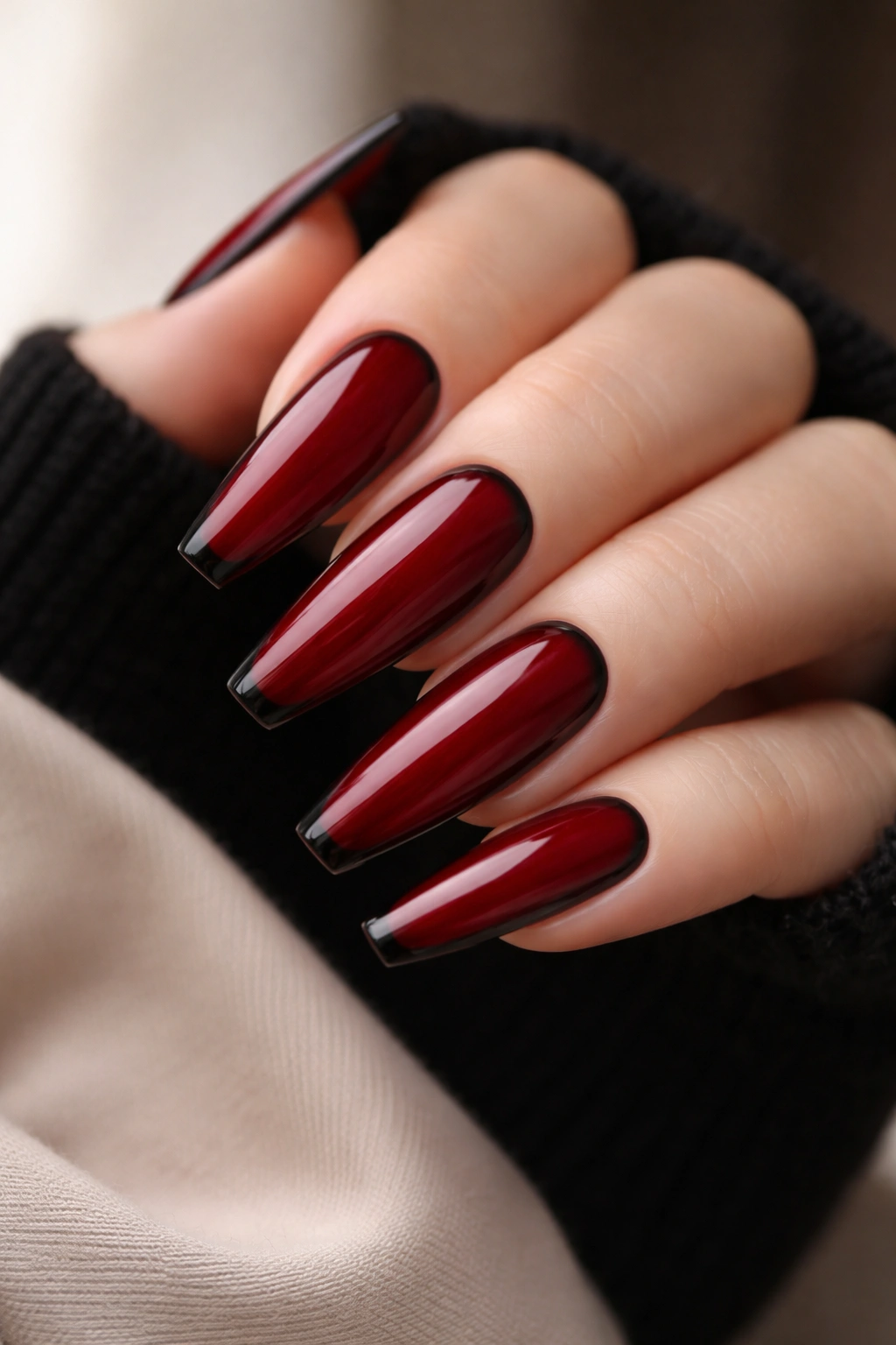 Dark red ballerina nails with a thin black frame around edges.