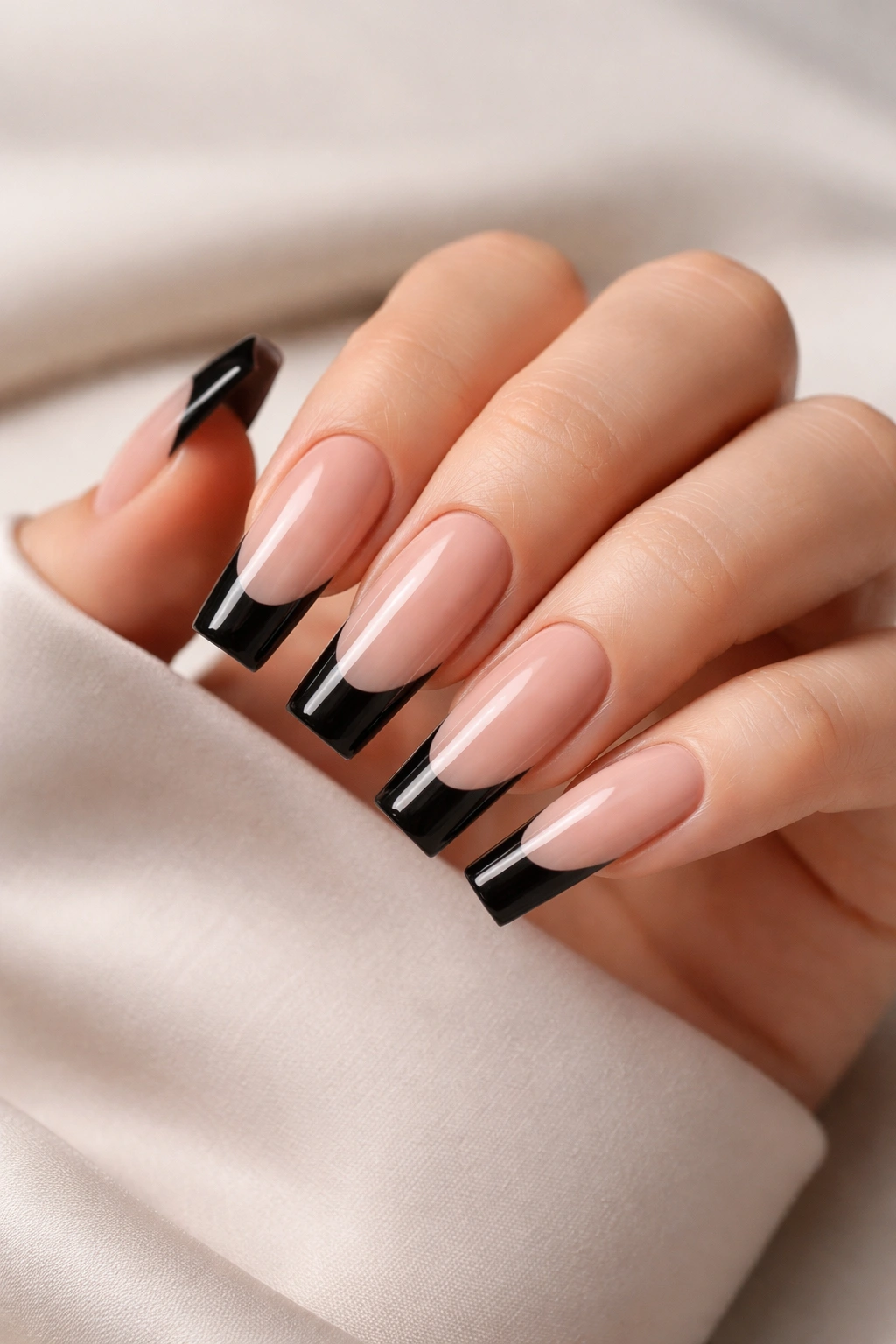 Close-up of coffin nails with black French tips on a bare hand