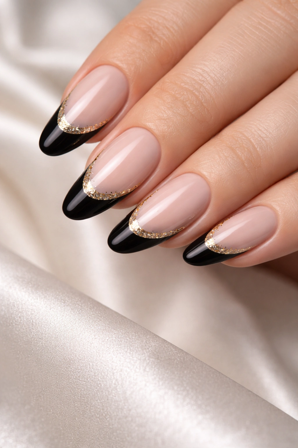 Close-up of black French tips with gold glitter accents