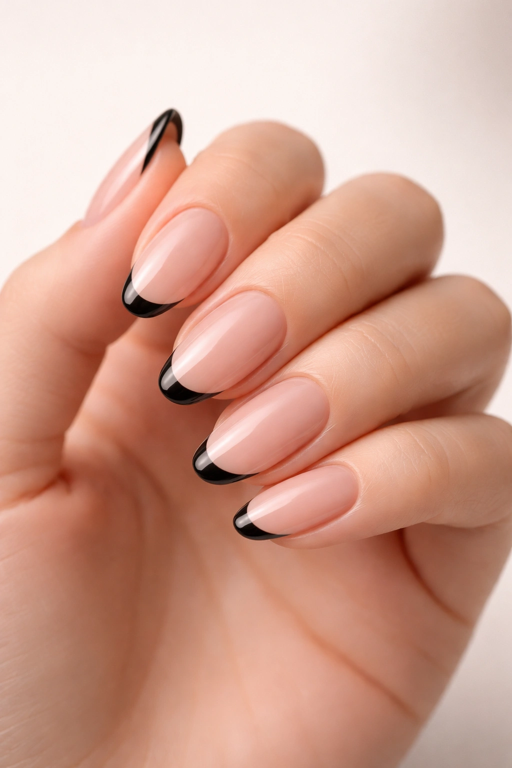 Close-up of nude nails with thin black tips on a hand