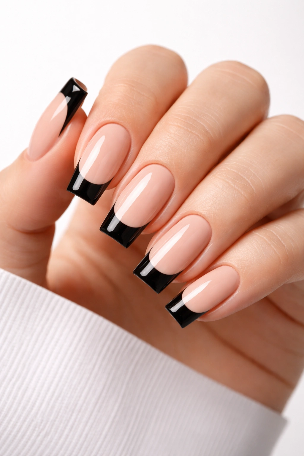 Close-up of hand with square nails and black tips on nude base