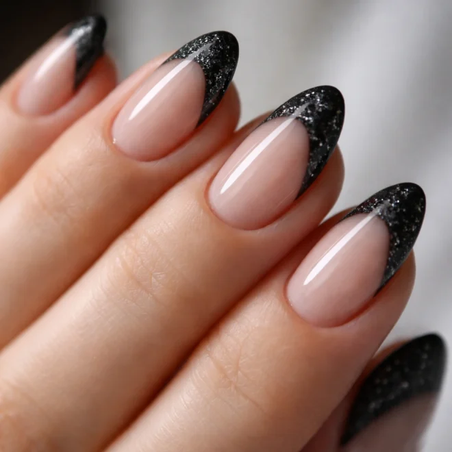15 Short Black Glitter Almond Nails That Stand Out