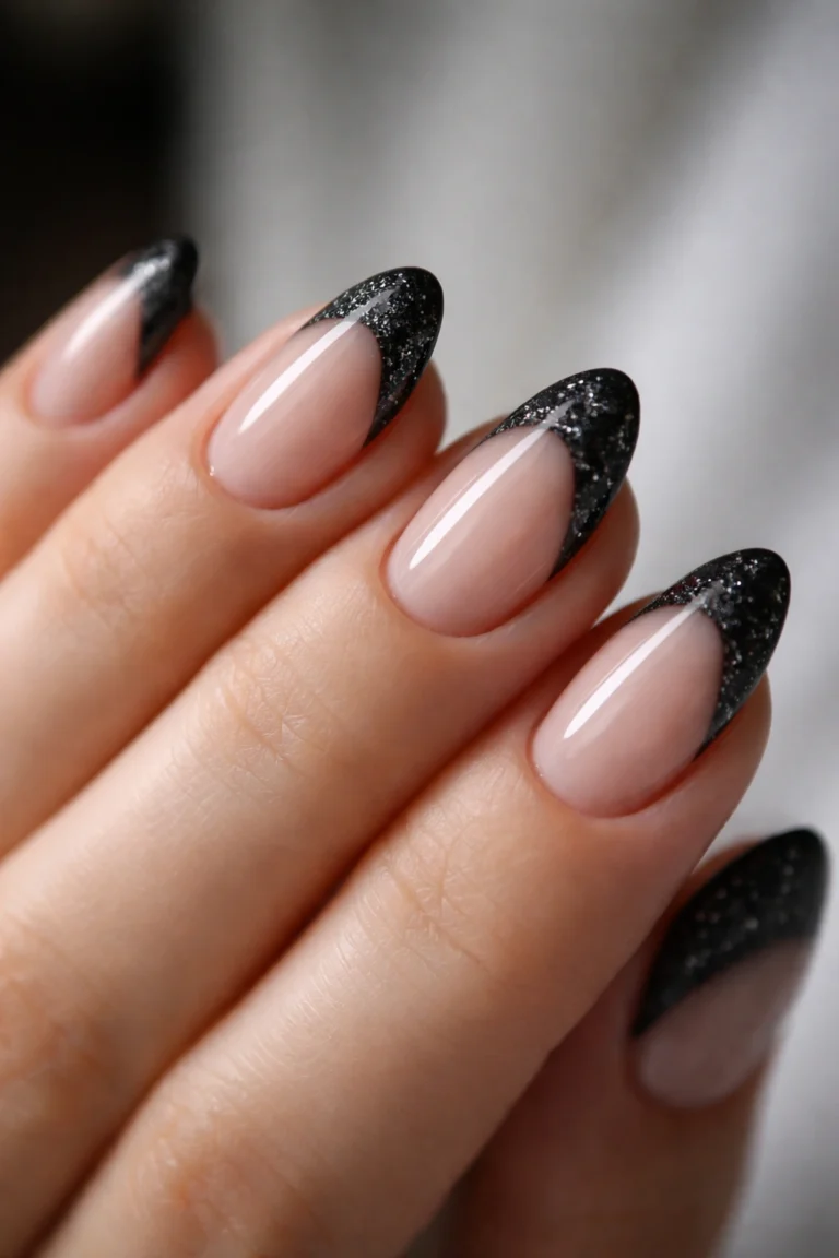 15 Short Black Glitter Almond Nails That Stand Out