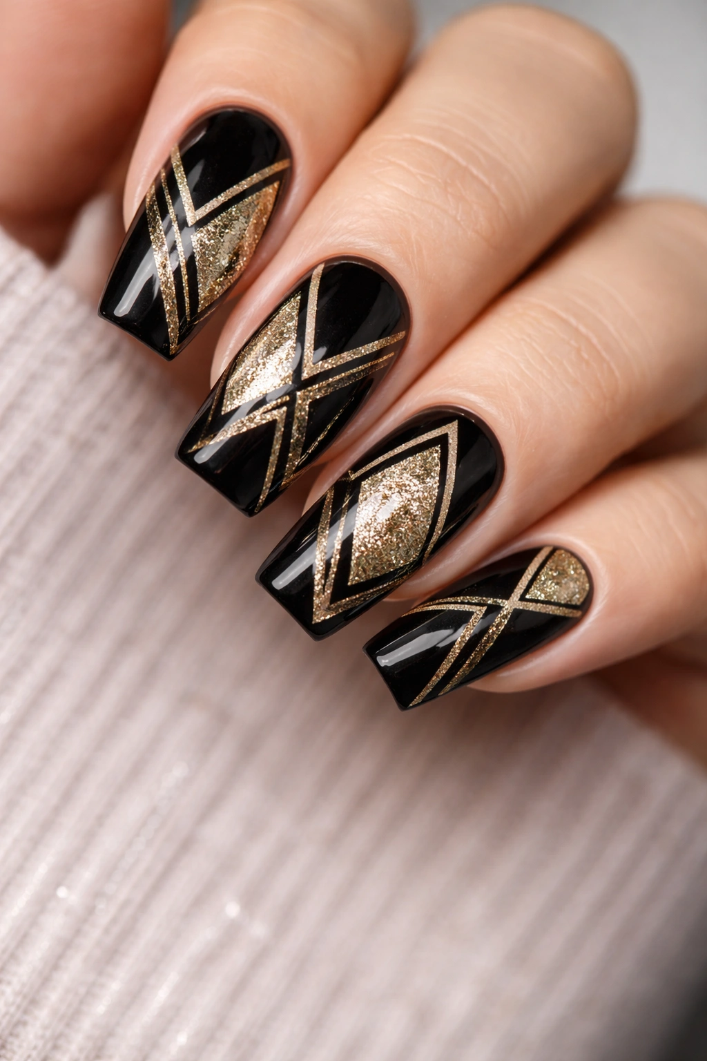 Close-up of black coffin nails with gold glitter-filled geometric shapes