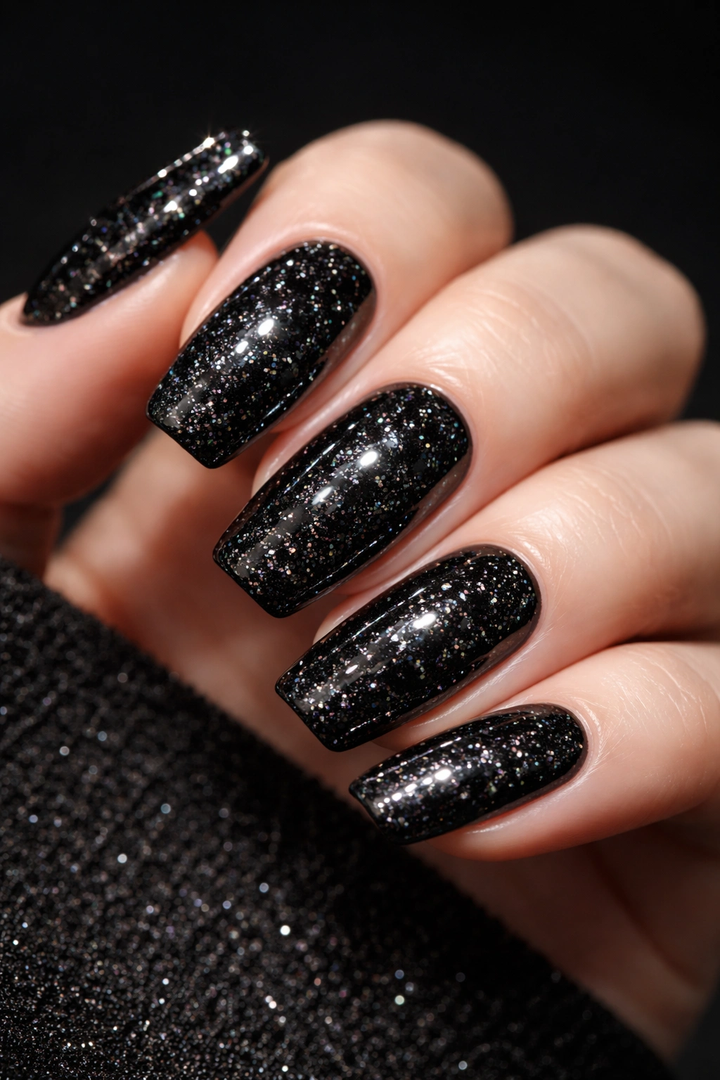 Close-up of black glitter nails with dense sparkle