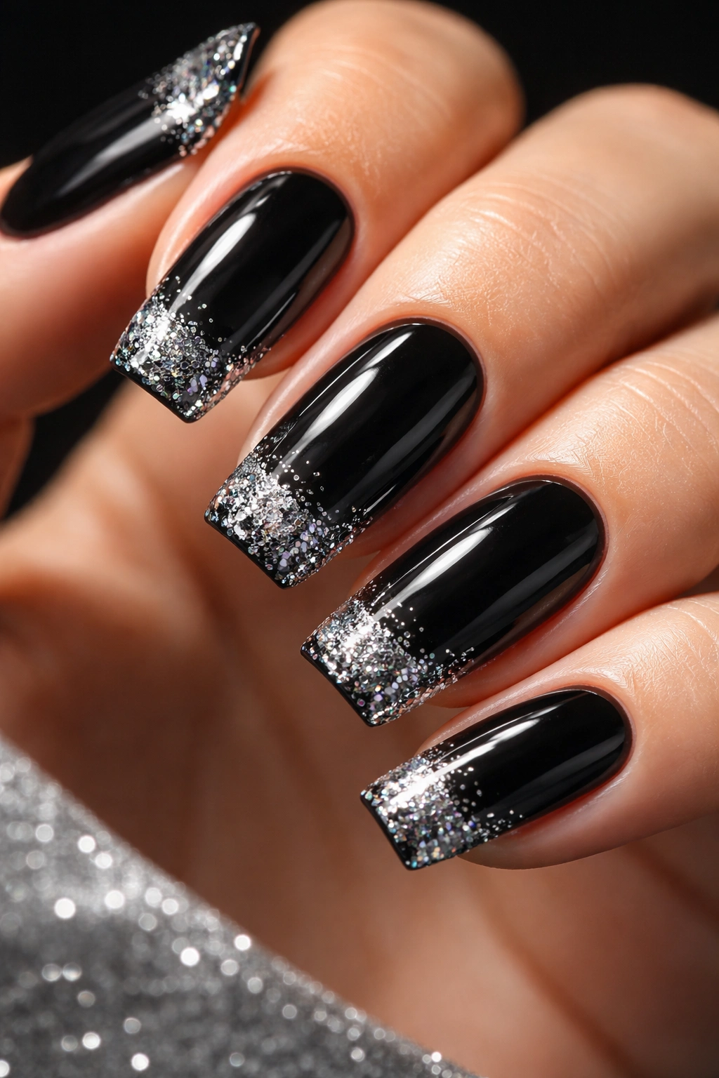 Nails with black base and silver glitter tips for high-contrast look