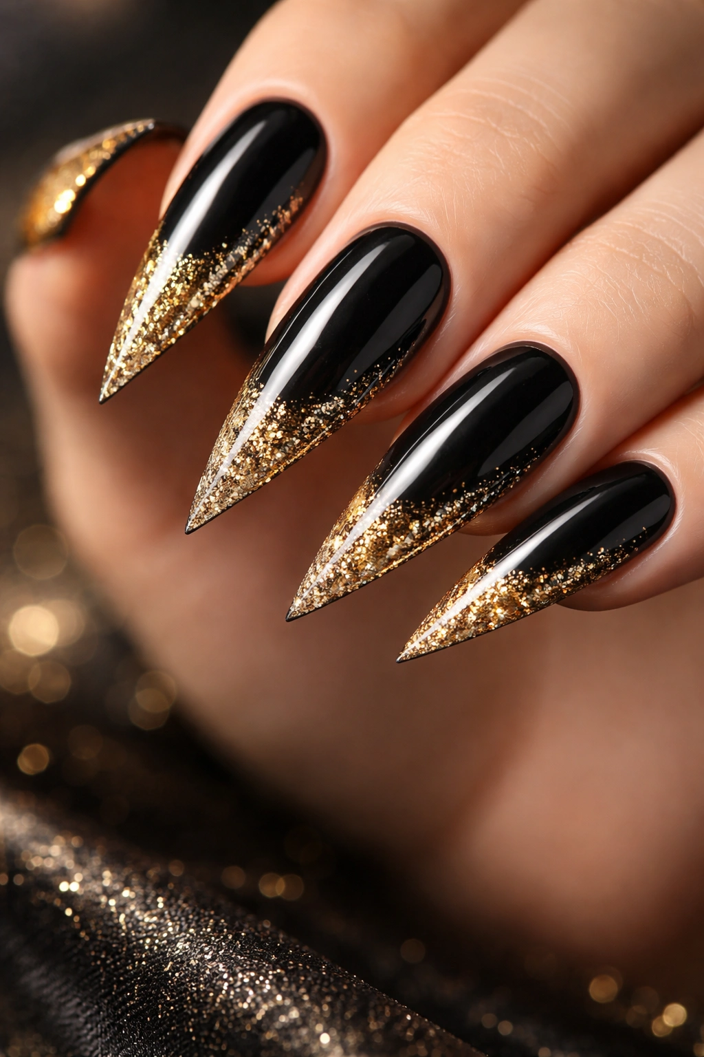 Close-up of black stiletto nails with gold glitter tips