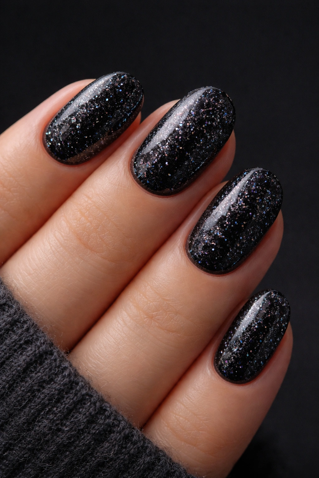 Close-up of black glitter on short oval nails