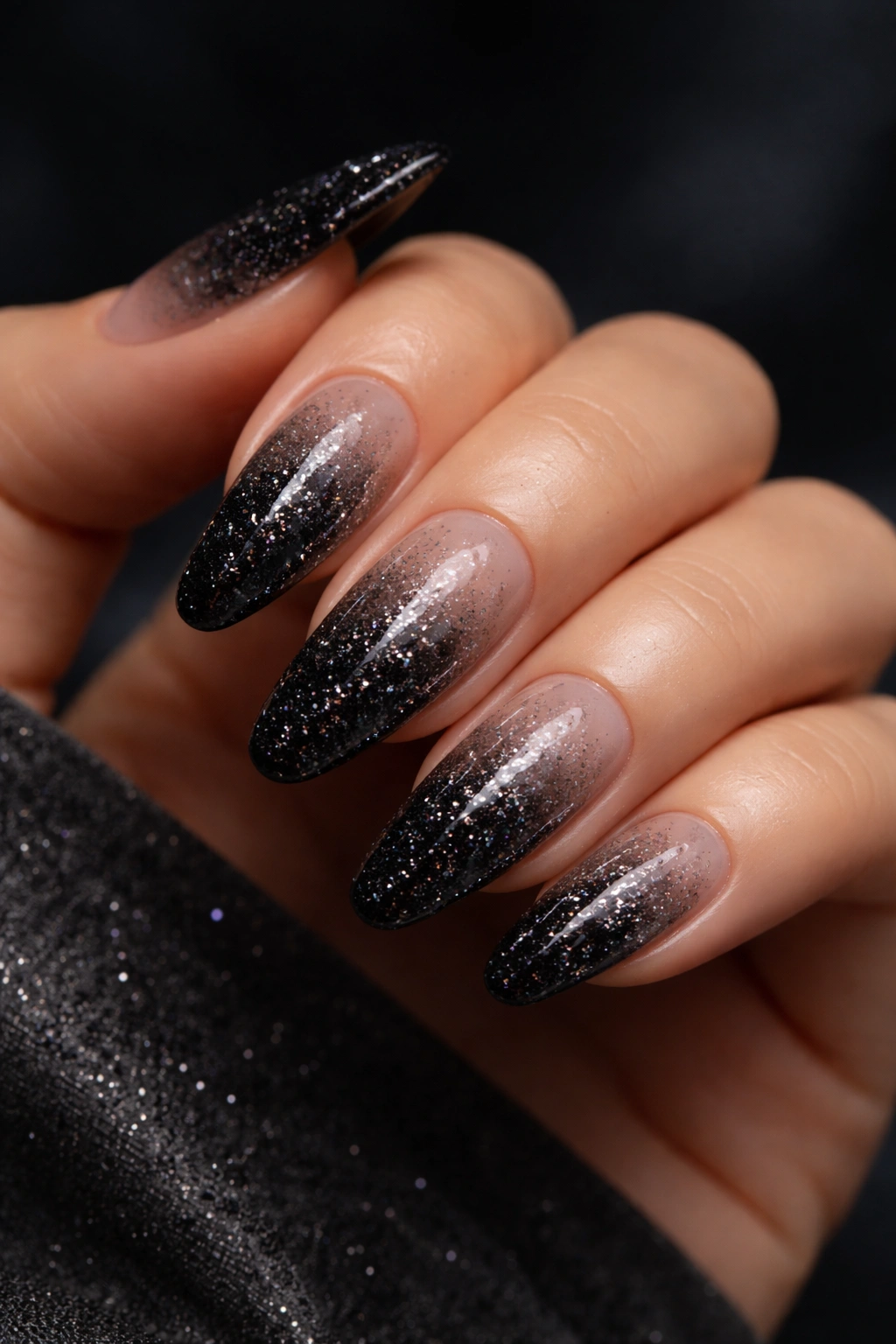 Black glitter ombré nails fading to clear at the cuticle