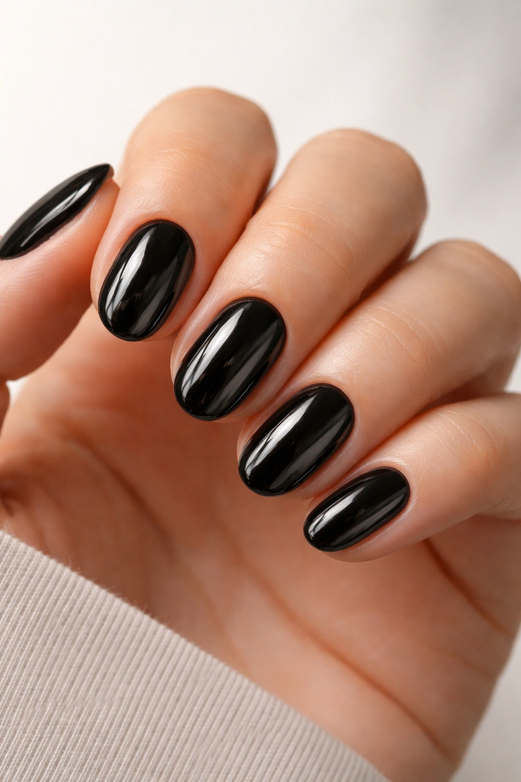 Close-up of glossy black short oval nails