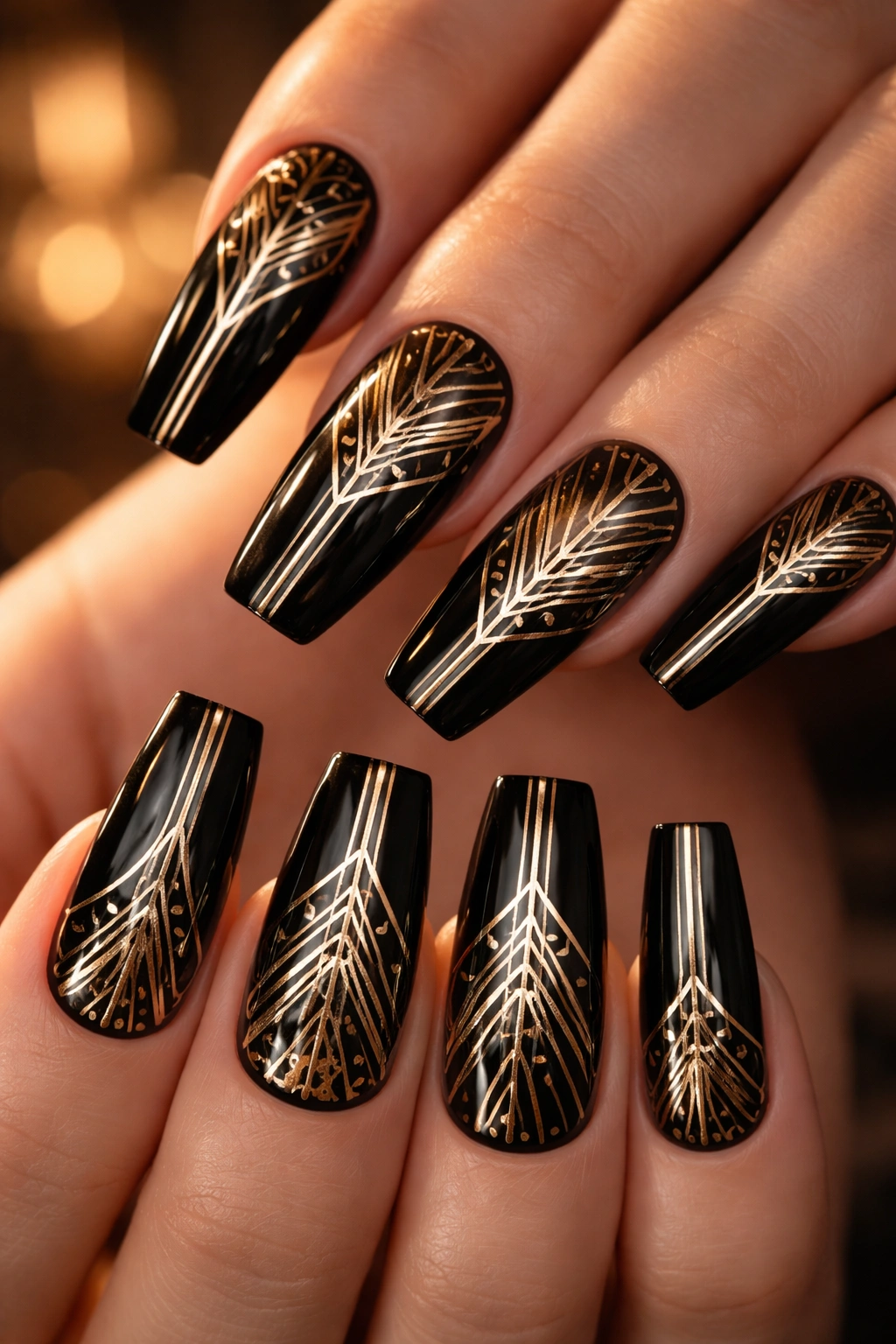 Coffin nails with gold Art Deco geometric pattern on black base