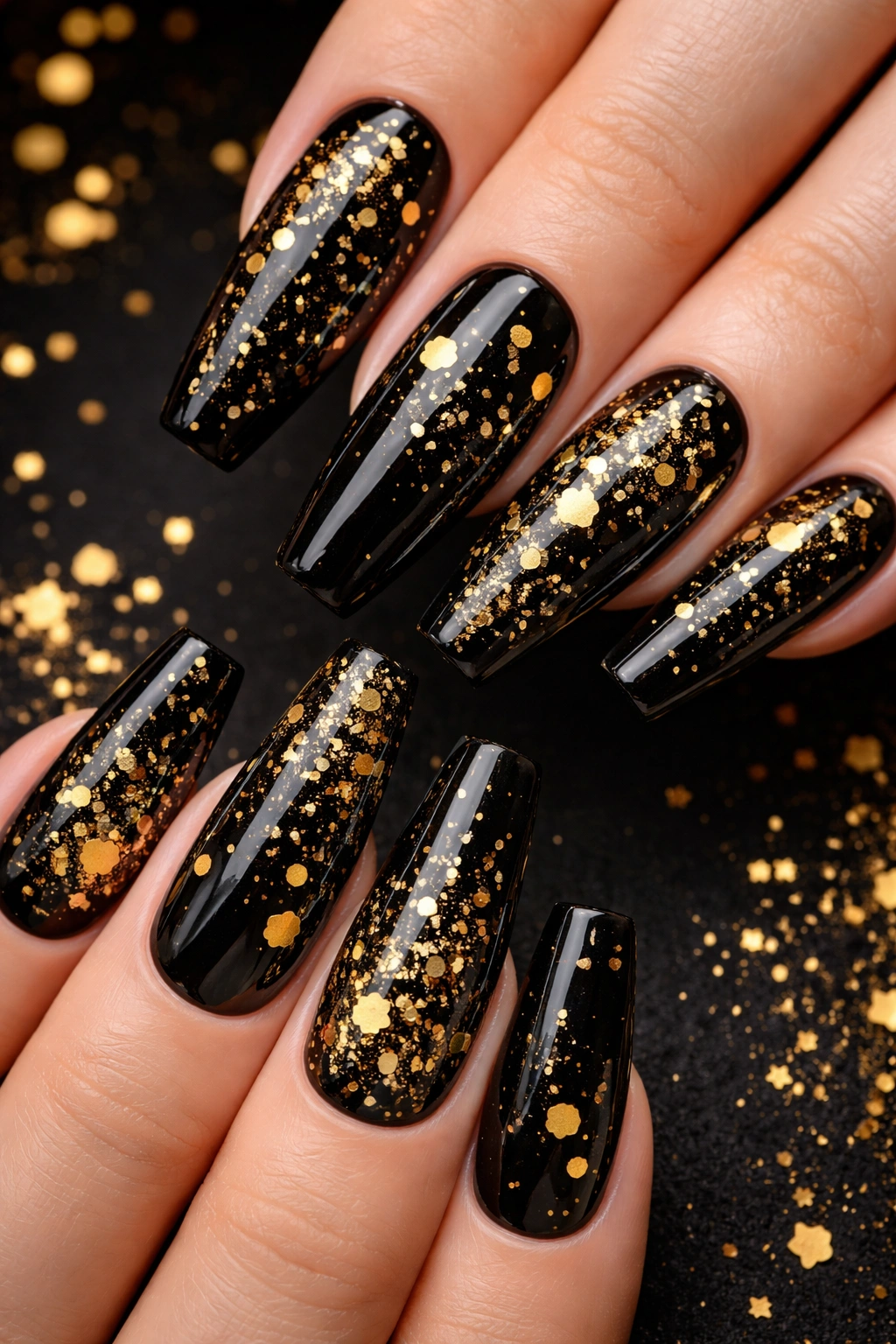 Black coffin nails with gold confetti shapes on a black surface