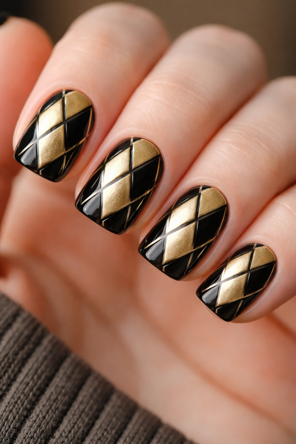 Nails with black outlines forming small gold diamond shapes