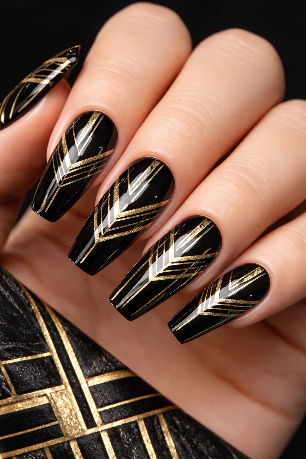 Nails with black base and gold geometric patterns