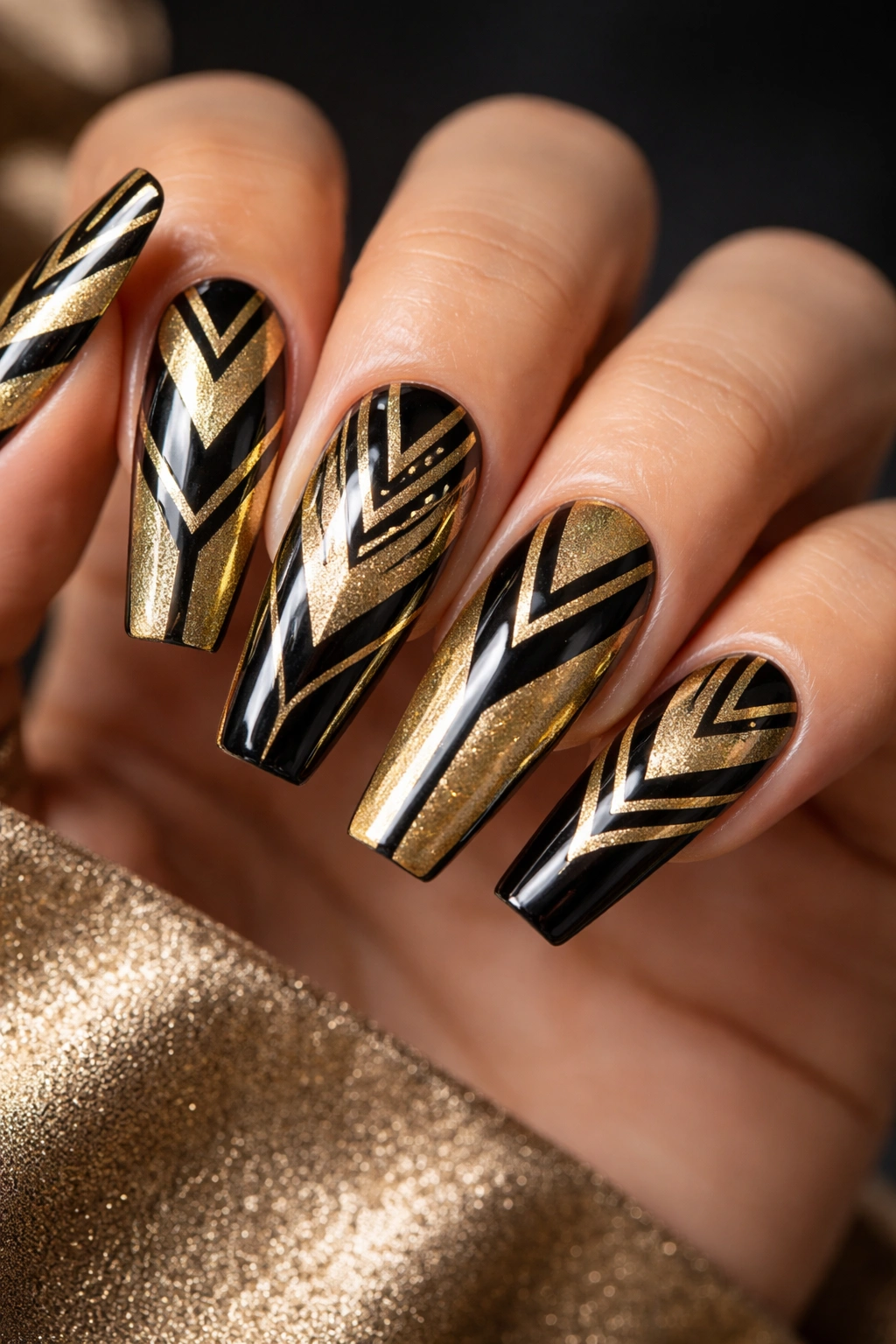 Close-up of coffin nails with black geometric patterns on a gold base