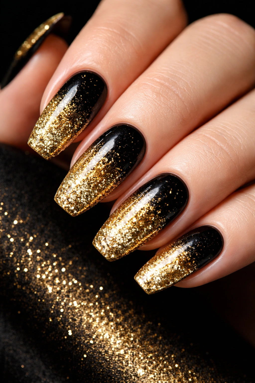 Black to gold glitter gradient nails close-up