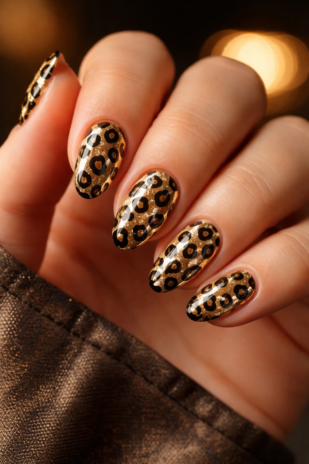 Short almond nails with black-outlined gold leopard spots on a muted base