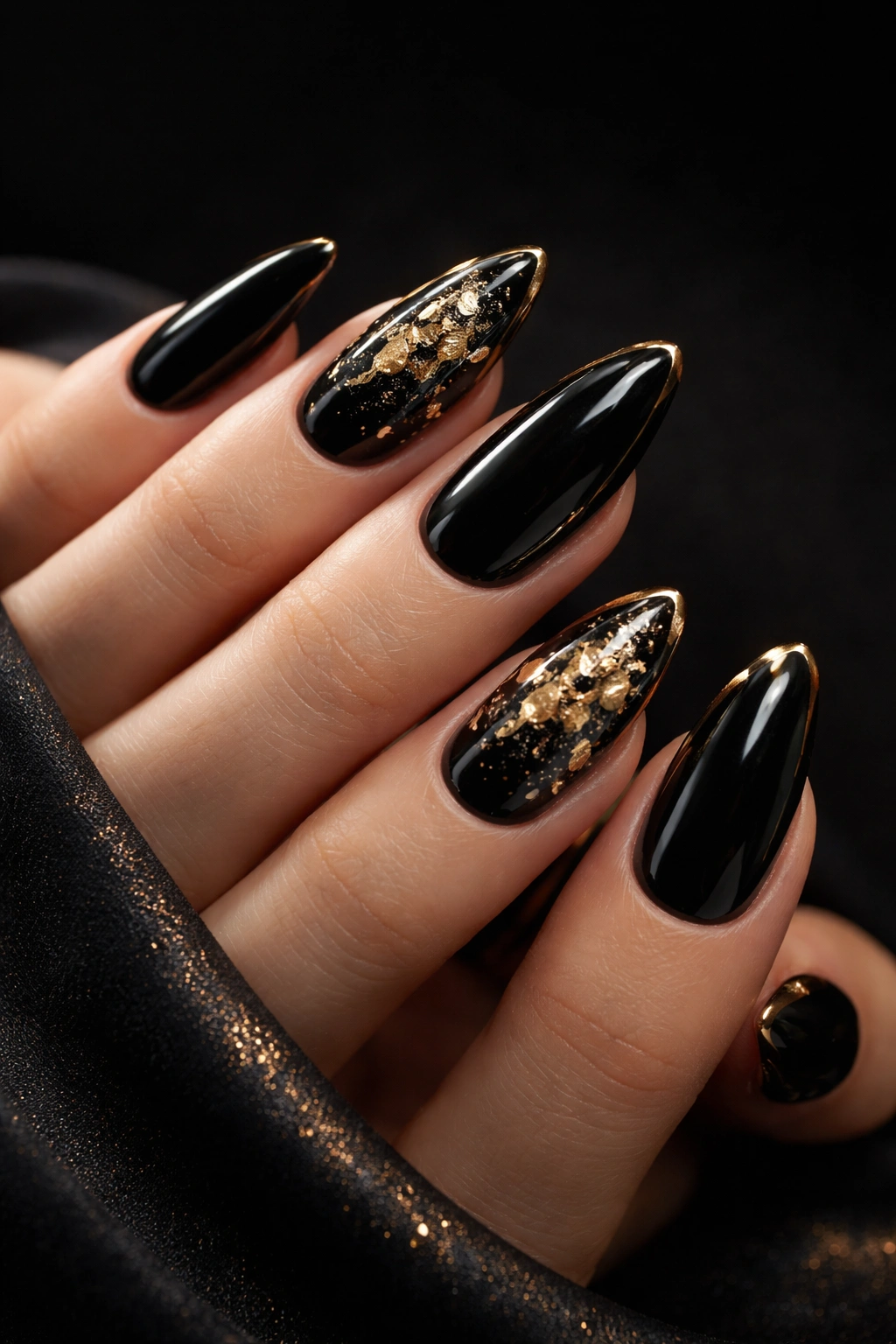 Close-up of black nails with gold foil accents and gold outline tips