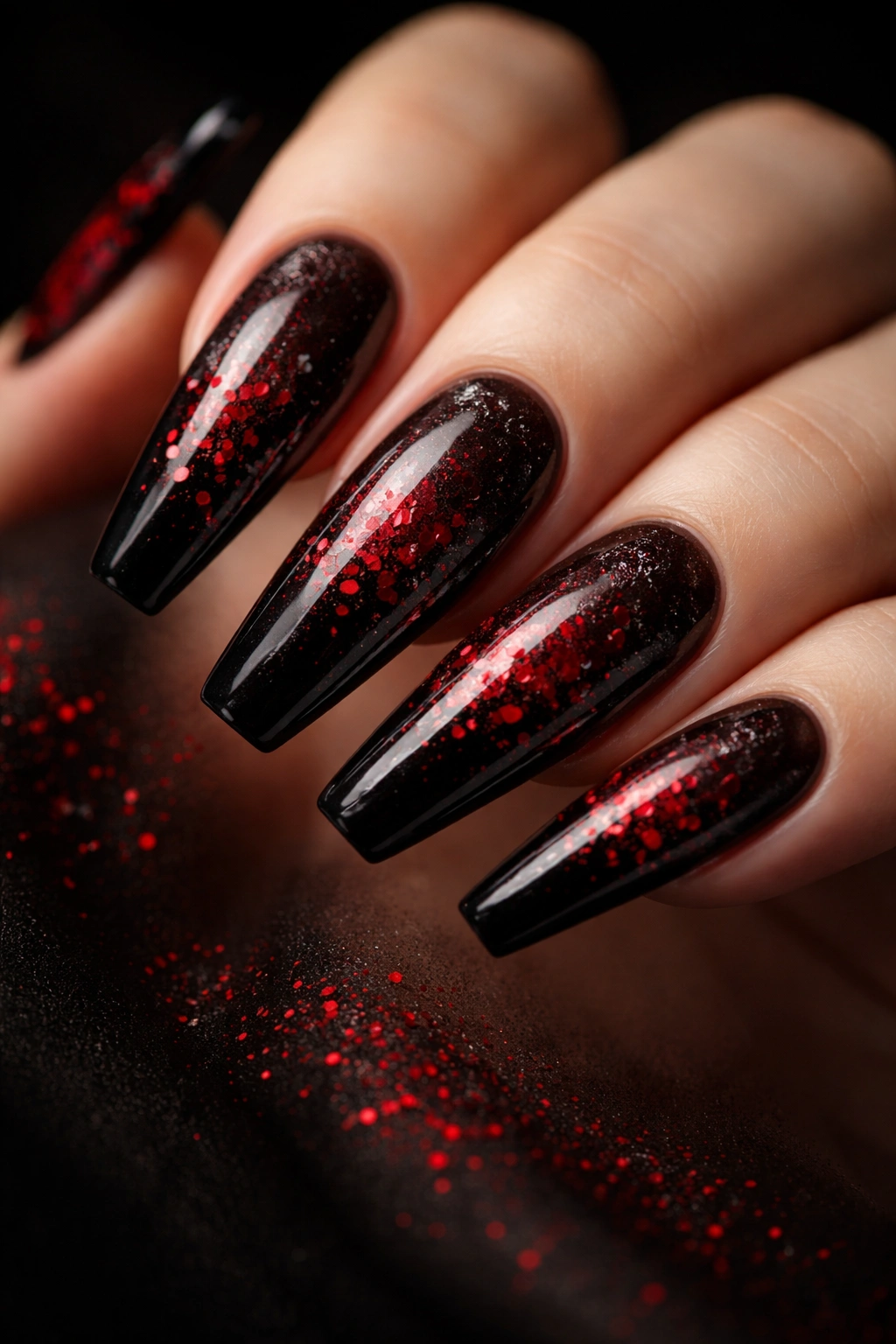 Coffin nails with black to charcoal gradient and red flakes texture