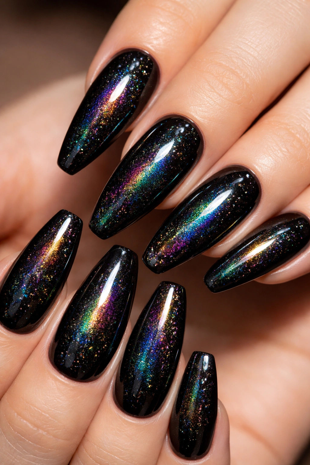 Black holographic nails with rainbow shimmer