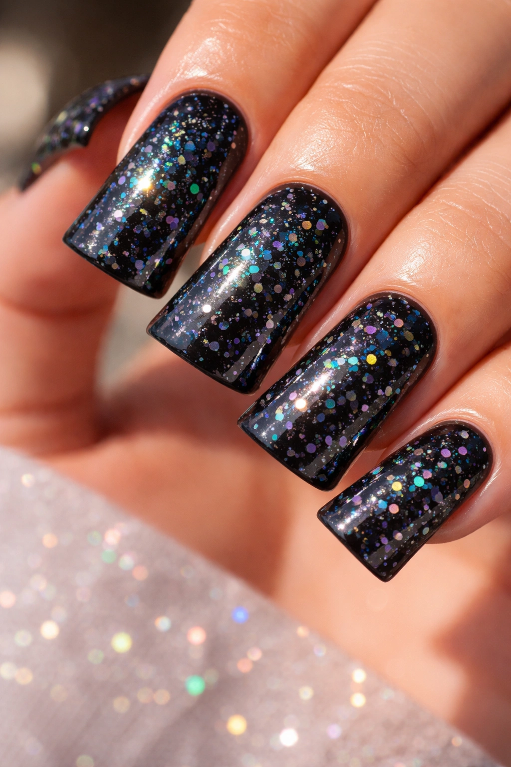 Close-up of duck nails with black base and holographic flakes catching natural light