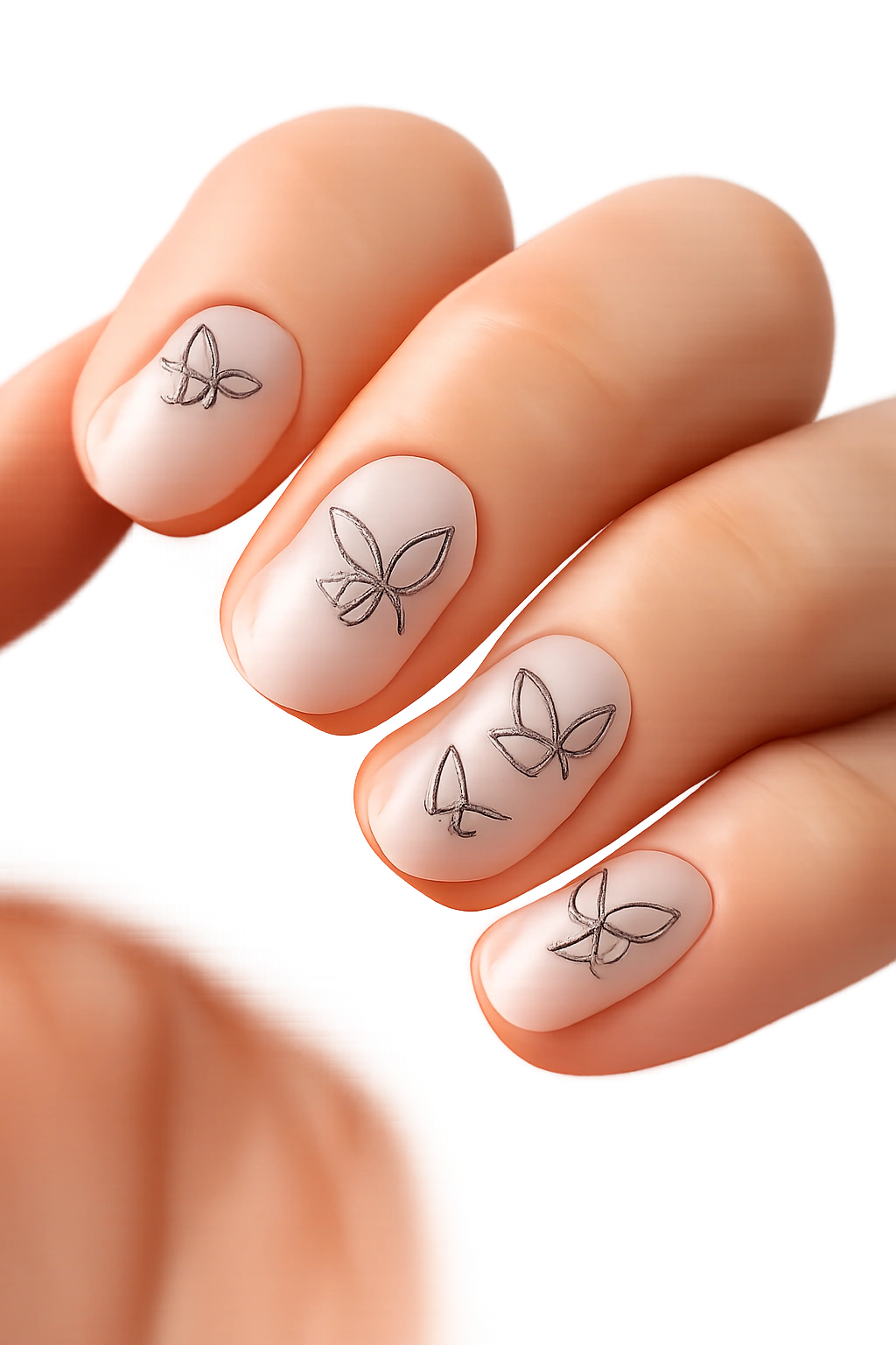 Close-up of black line butterfly nail art on a clear negative-space short oval nail.