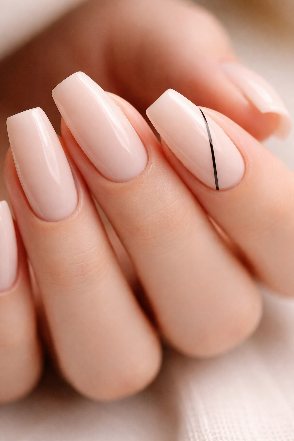 Coffin nails with a single diagonal thin black line on an accent nail