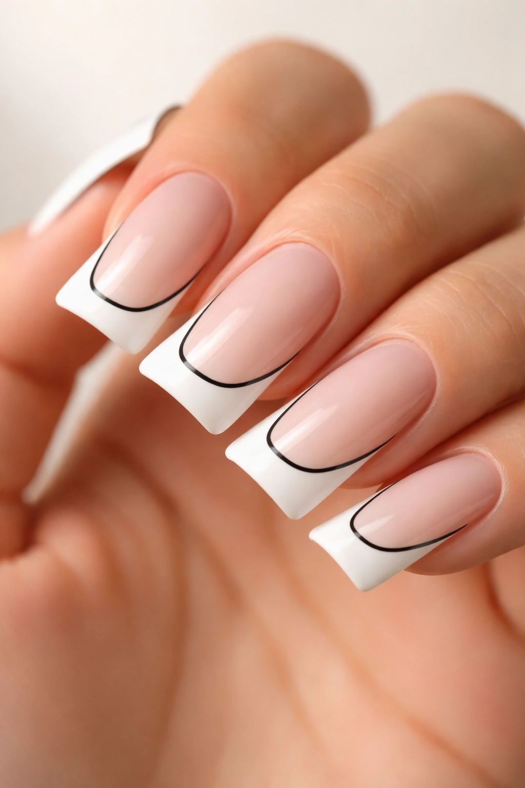 Close-up of duck nails with a minimalist black line detail