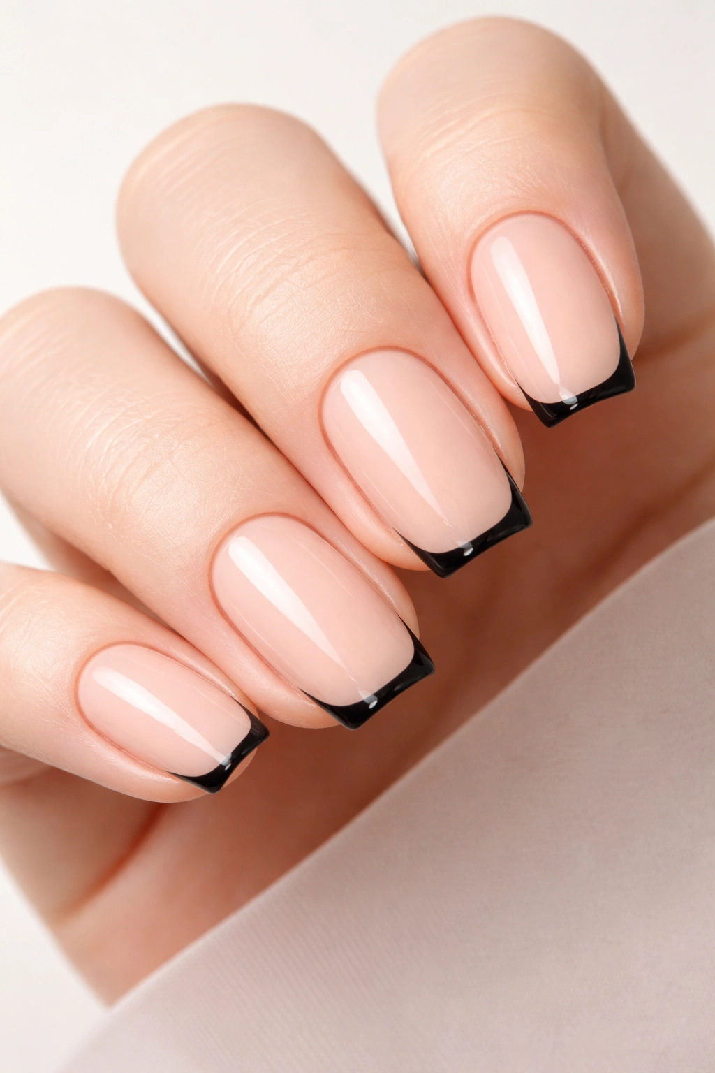 Close-up of nude-based soft square nails with a thin black line along the tip