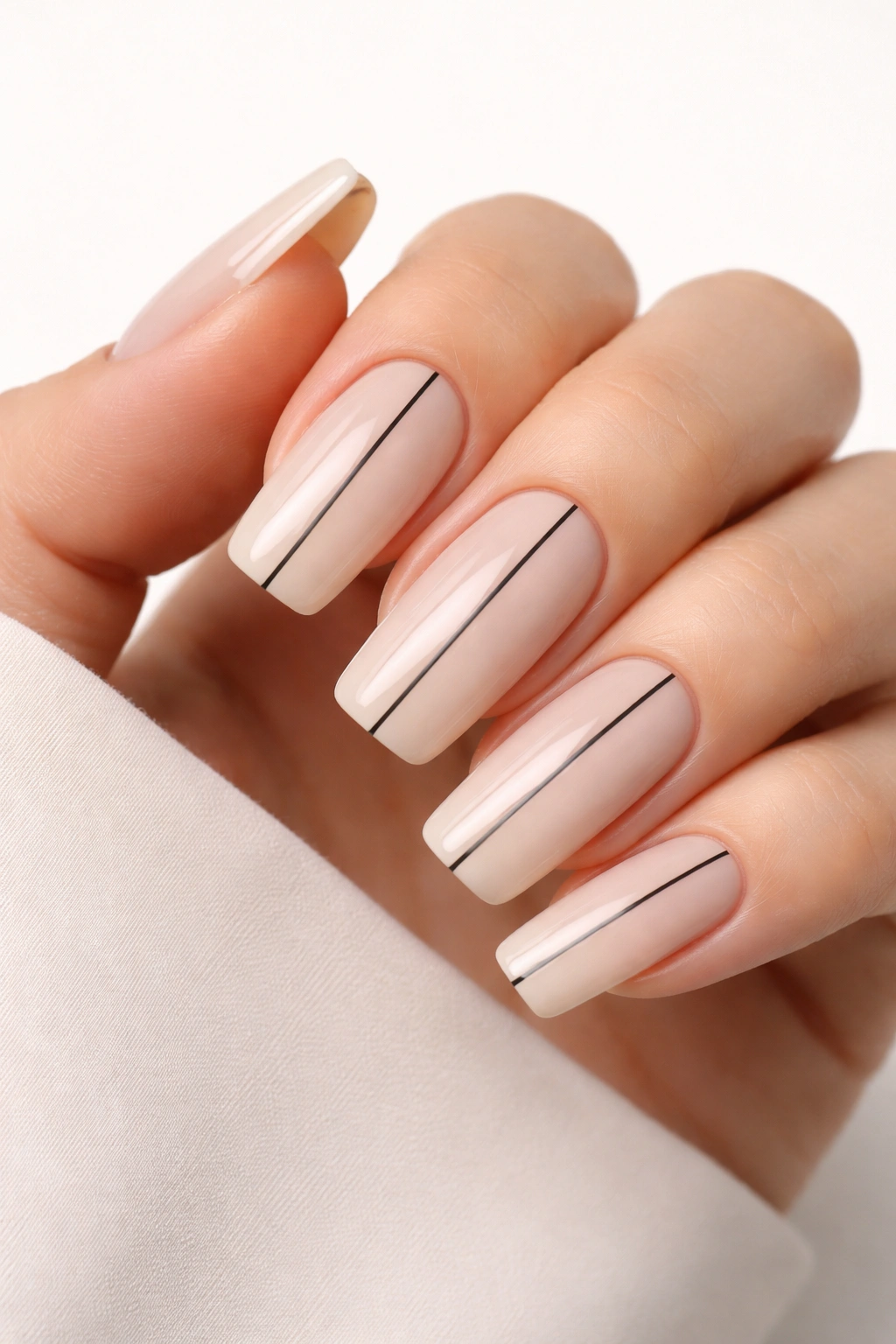 Close-up of long squoval nails with centered black line on nude base