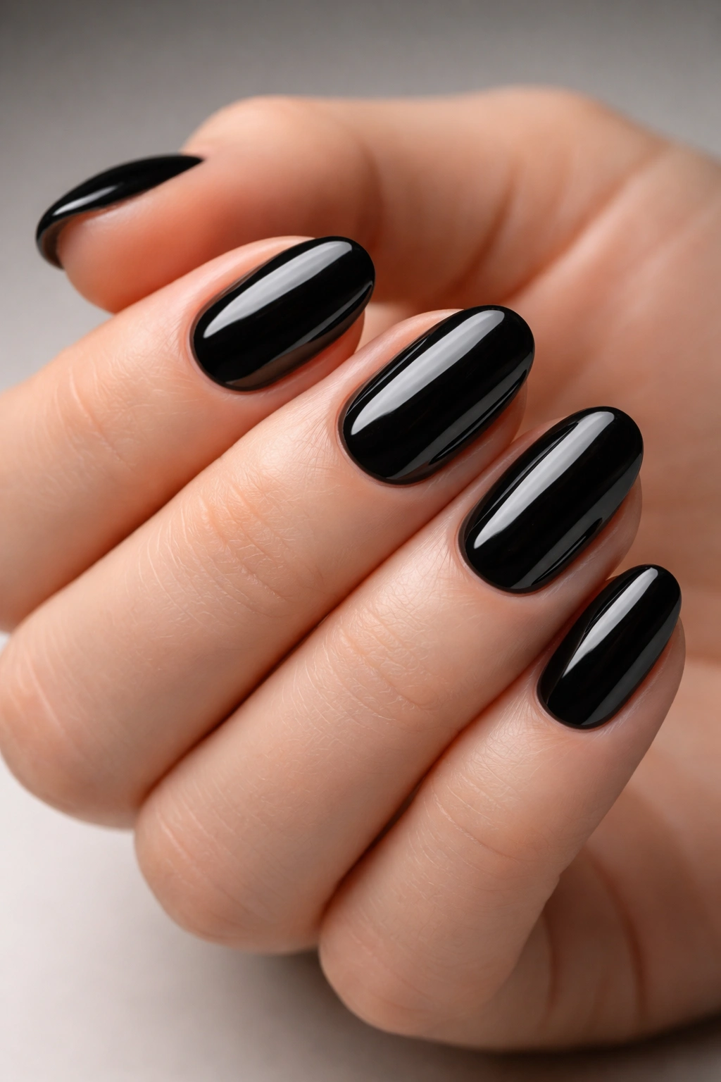 Close-up of glossy black manicure on a hand with almond nails