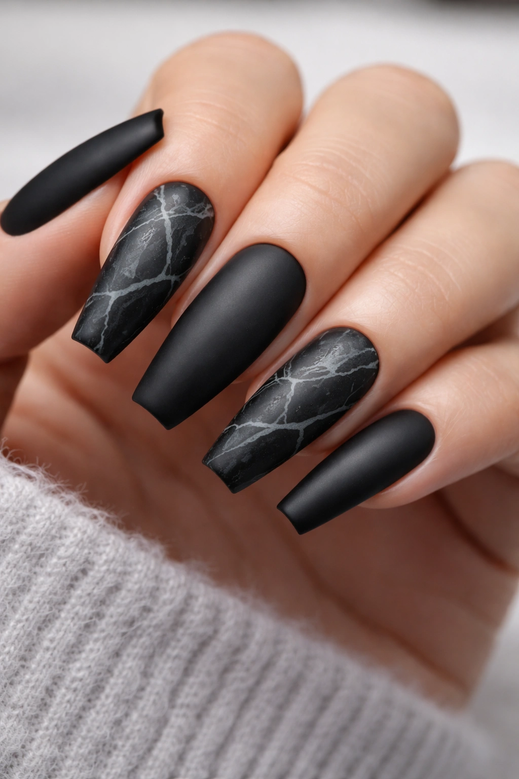 Close-up of a hand with matte black nails featuring fine white veining on ballerina nails