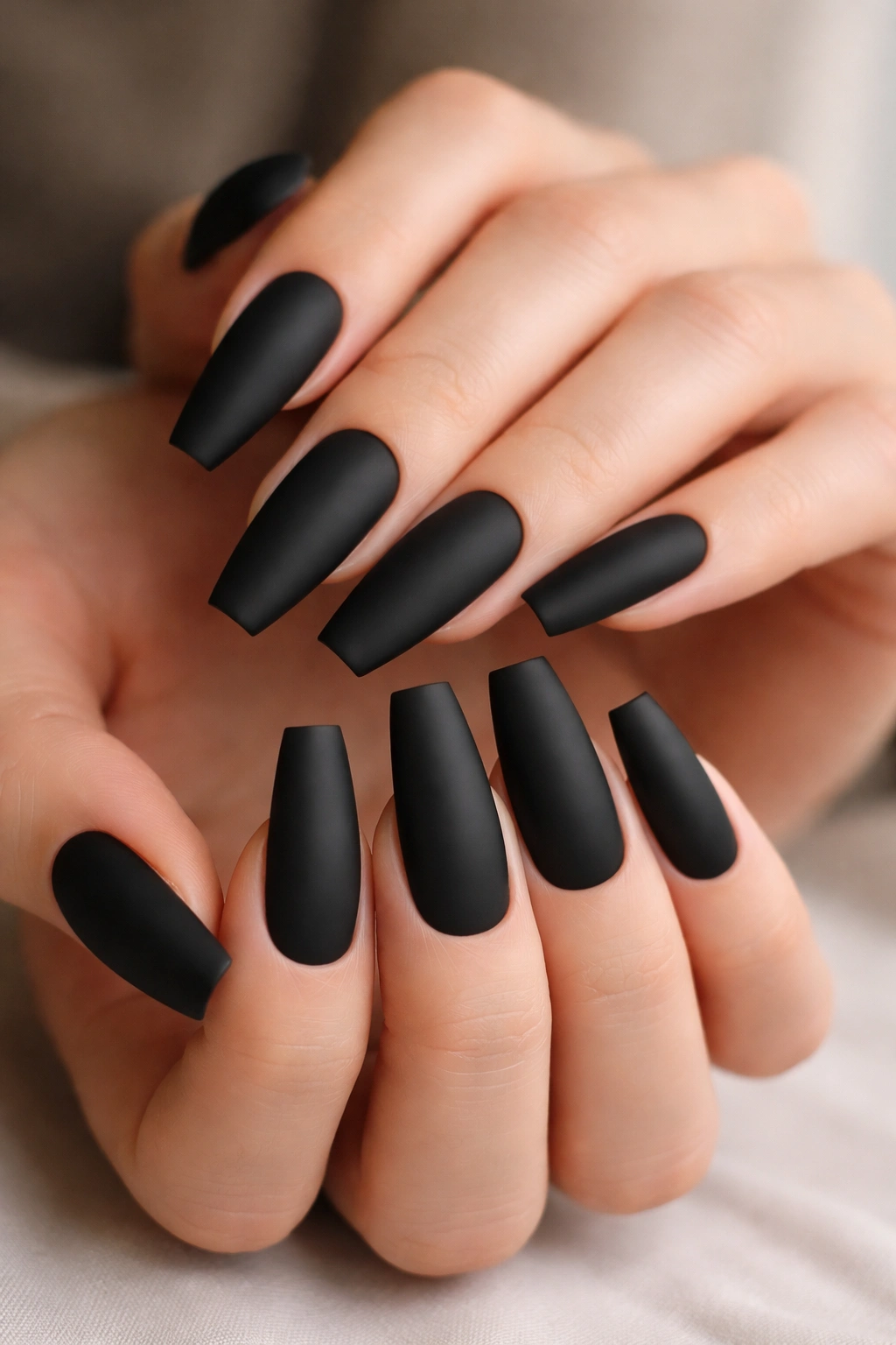 Close-up of hands showing sharp black matte ballerina nails with tapered tips.