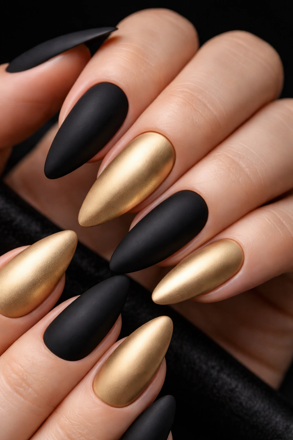 Close-up of nails with alternating matte black and matte gold
