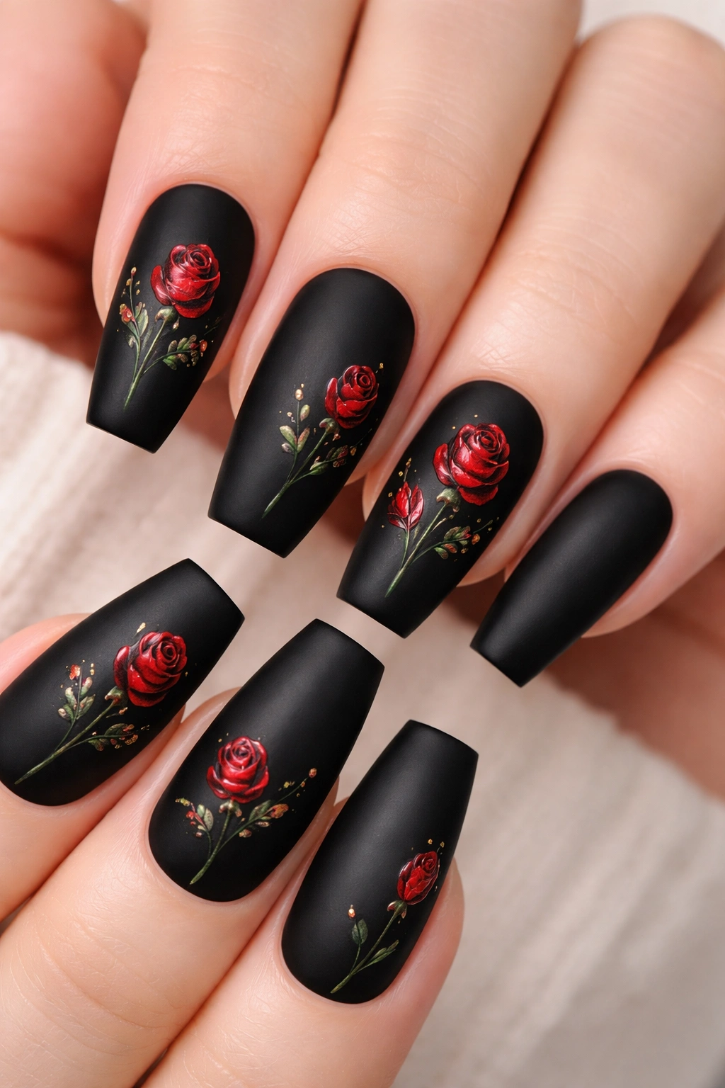 Matte black nails with delicate red rose designs