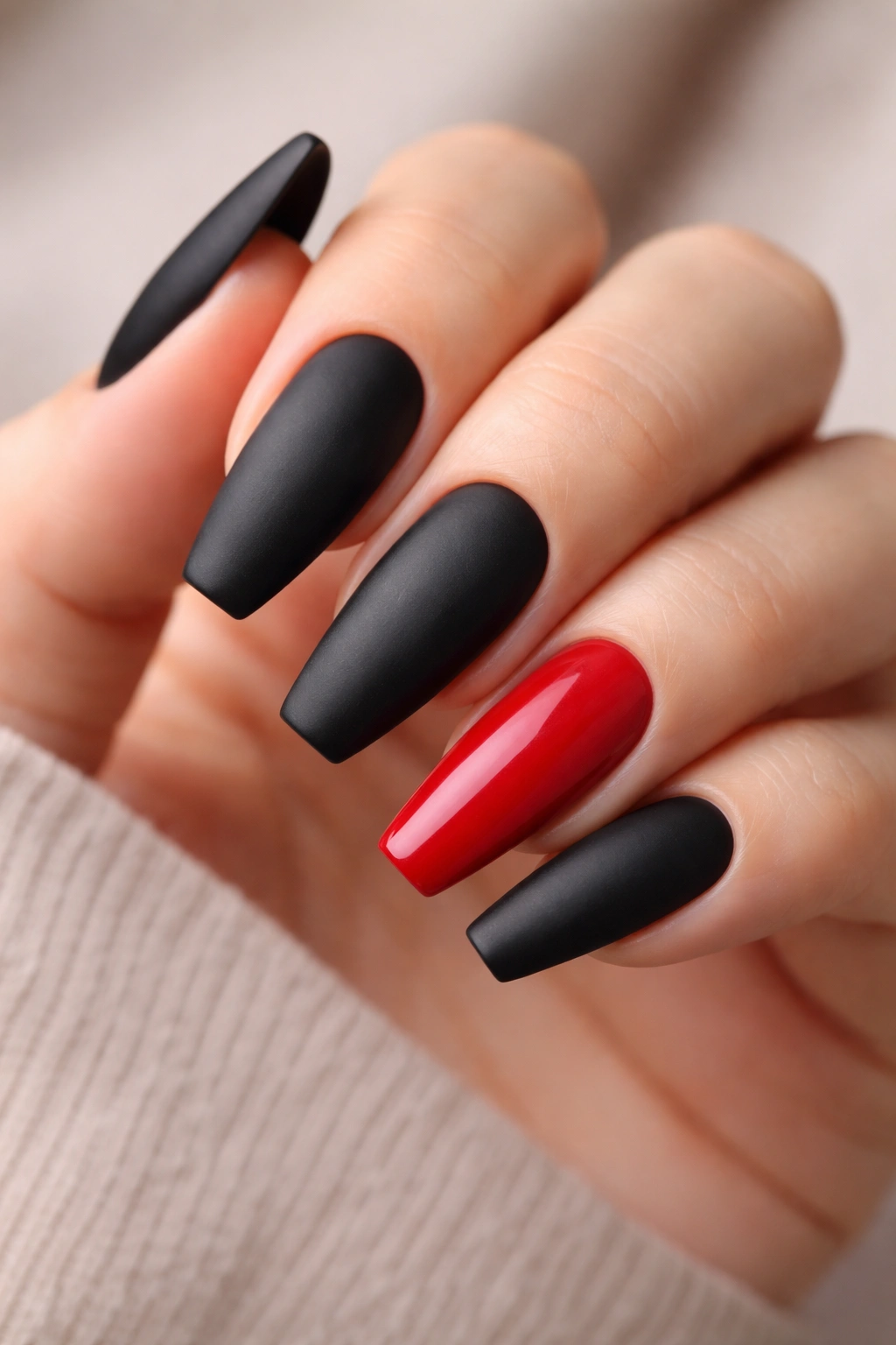 Close-up of nails with black matte base and red accent nail