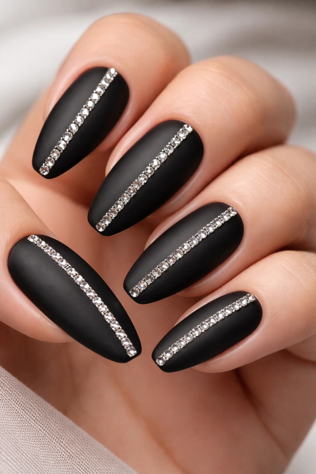 Close-up of black matte nails with central rhinestone stripe