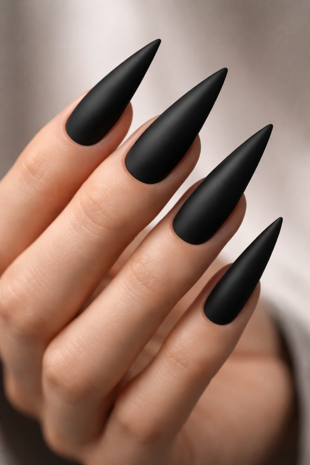Close-up of matte black stiletto nails
