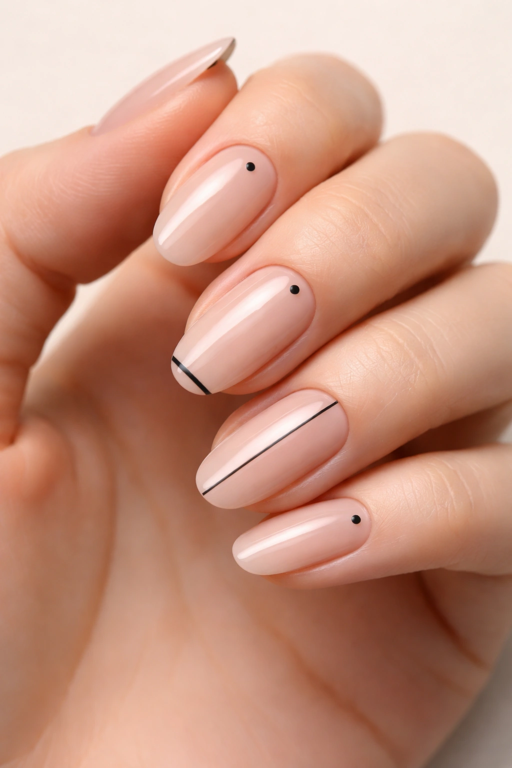 Close-up of nails featuring tiny black micro details for a minimalist edge.