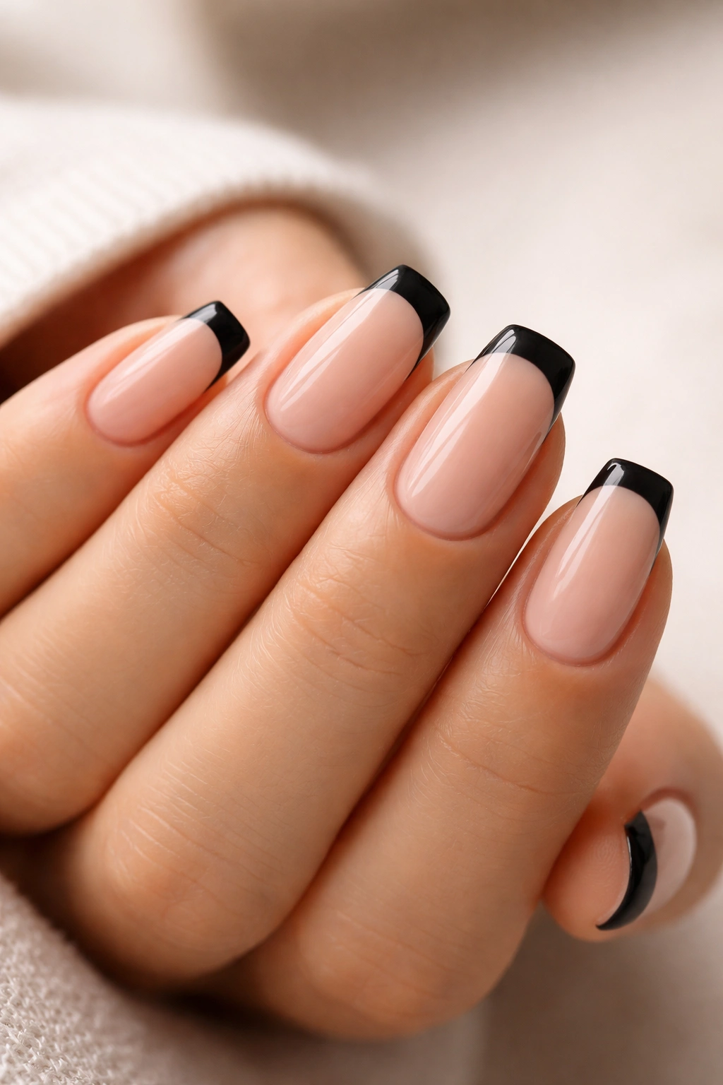 Short nails with sheer nude base and black micro French tips