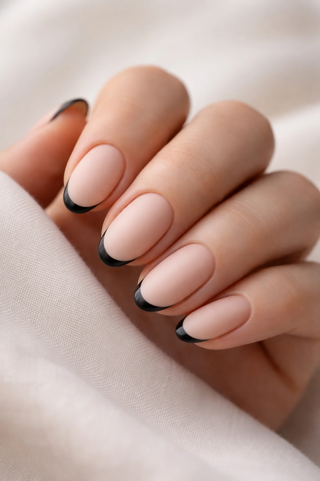 Close-up of short almond nails with black micro French tips matte finish