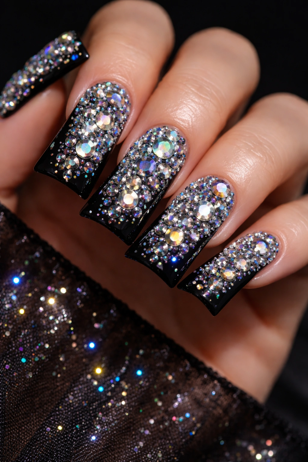 Close-up of black duck nails with AB rhinestones and holographic flakes