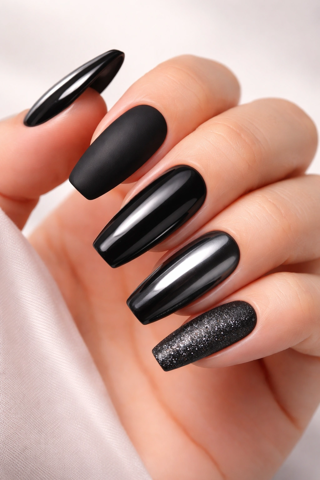 Close-up of black acrylic nails with glossy and matte finishes on a neutral backdrop