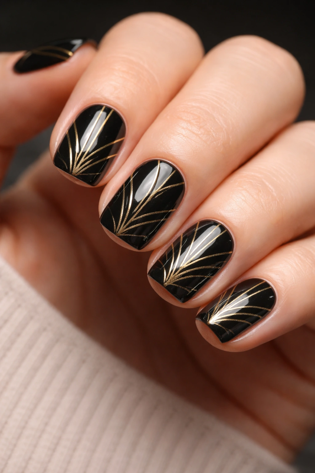 Close-up of black squoval nails with gold Art Deco lines
