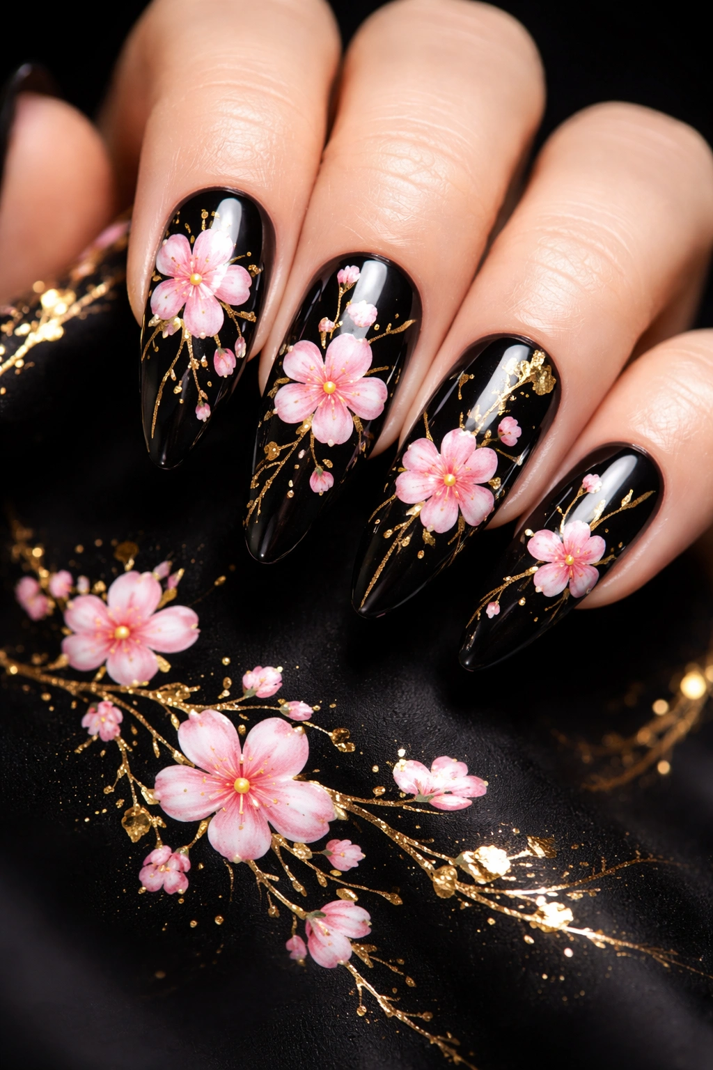 Close-up of black nails with pink cherry blossoms and gold accents