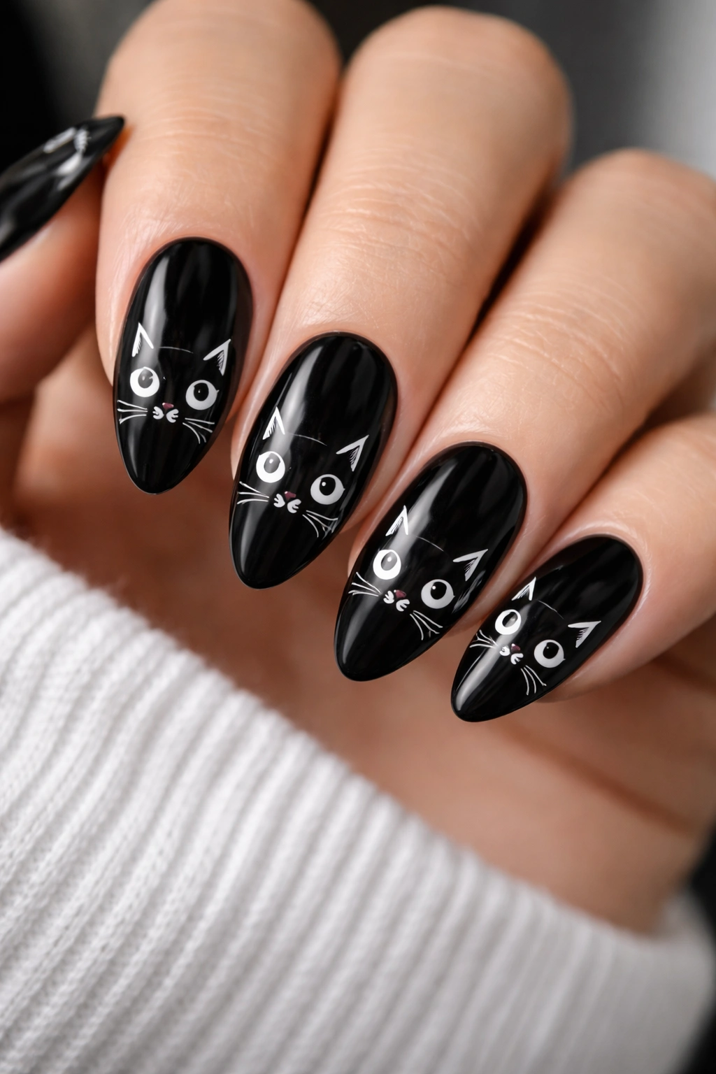 Almond nails featuring black base with white cat-face details on each nail
