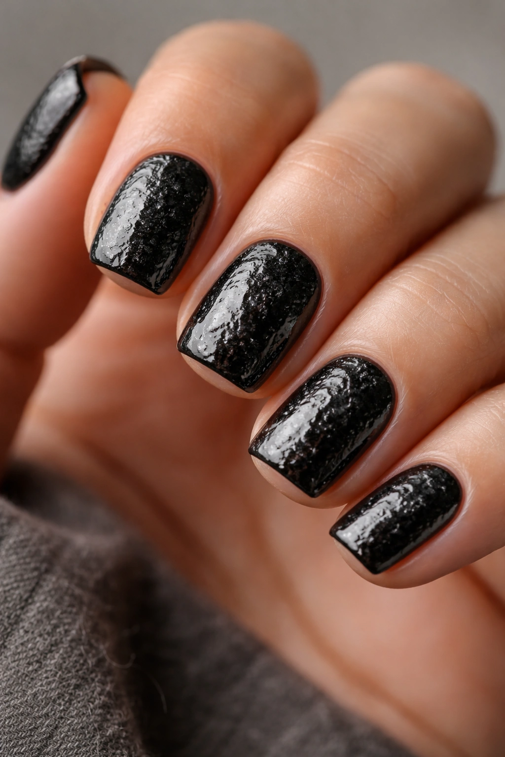 Close-up of black nails with glazed ceramic texture and satin finish.