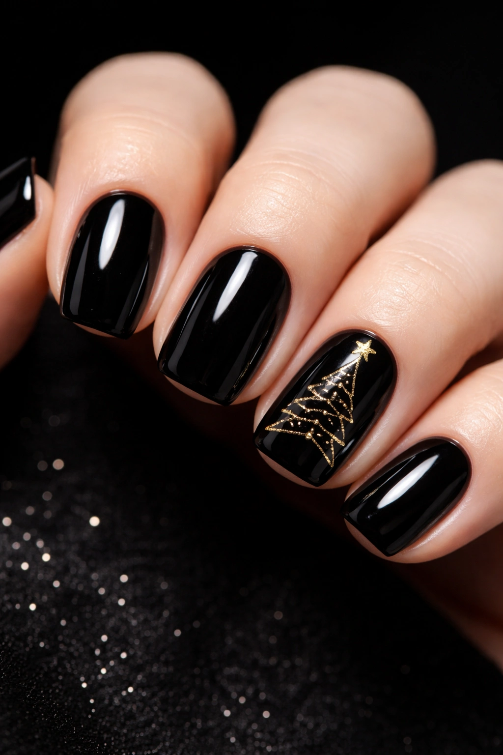 Close-up of black nails with a Christmas tree outline