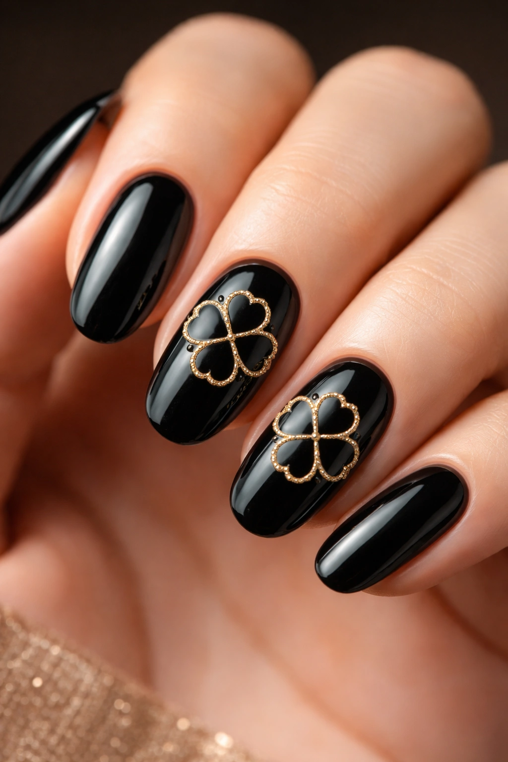 Close-up of black nails with a gold four-leaf clover outline on a glossy finish