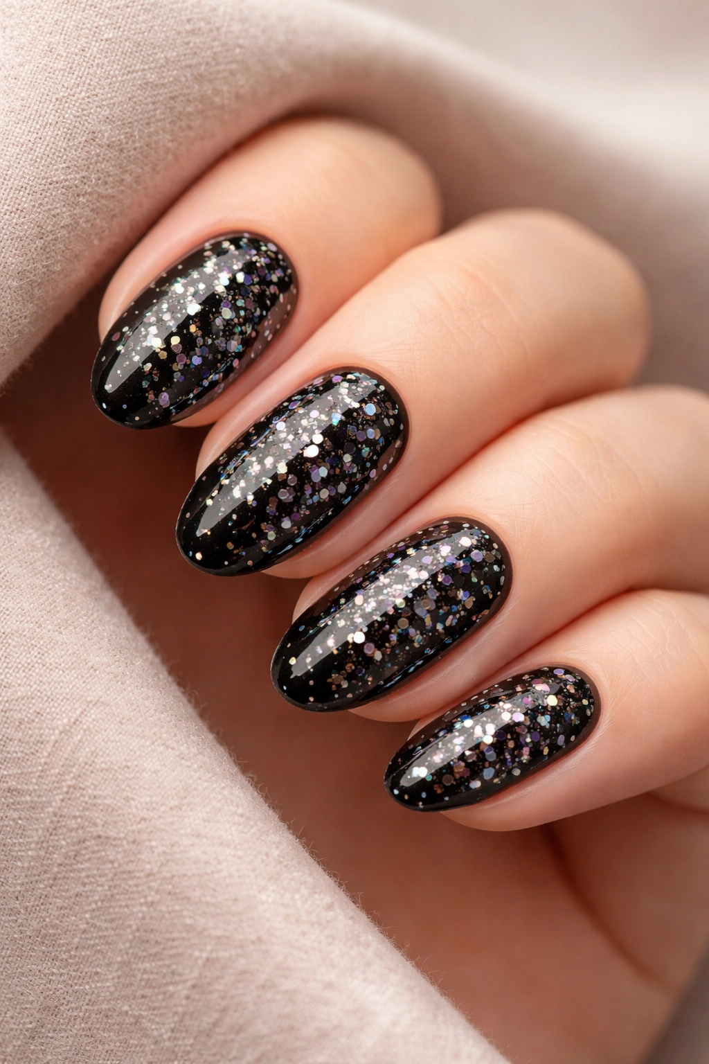 Close-up of black oval nails with chunky confetti glitter on a glossy finish